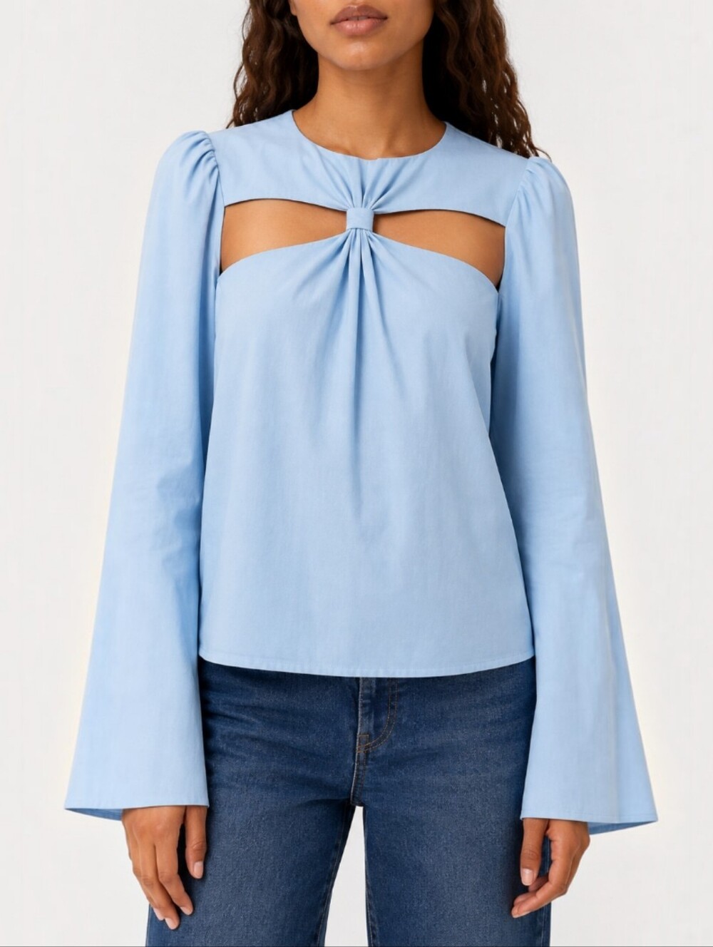 & Other Stories Twist Front Cut Out Blouse Light Blue Cotton Blend Bell Sleeve 4
